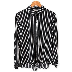 Susan Graver Black And White Striped Button Down Shirt Tie Front Hem Size 8